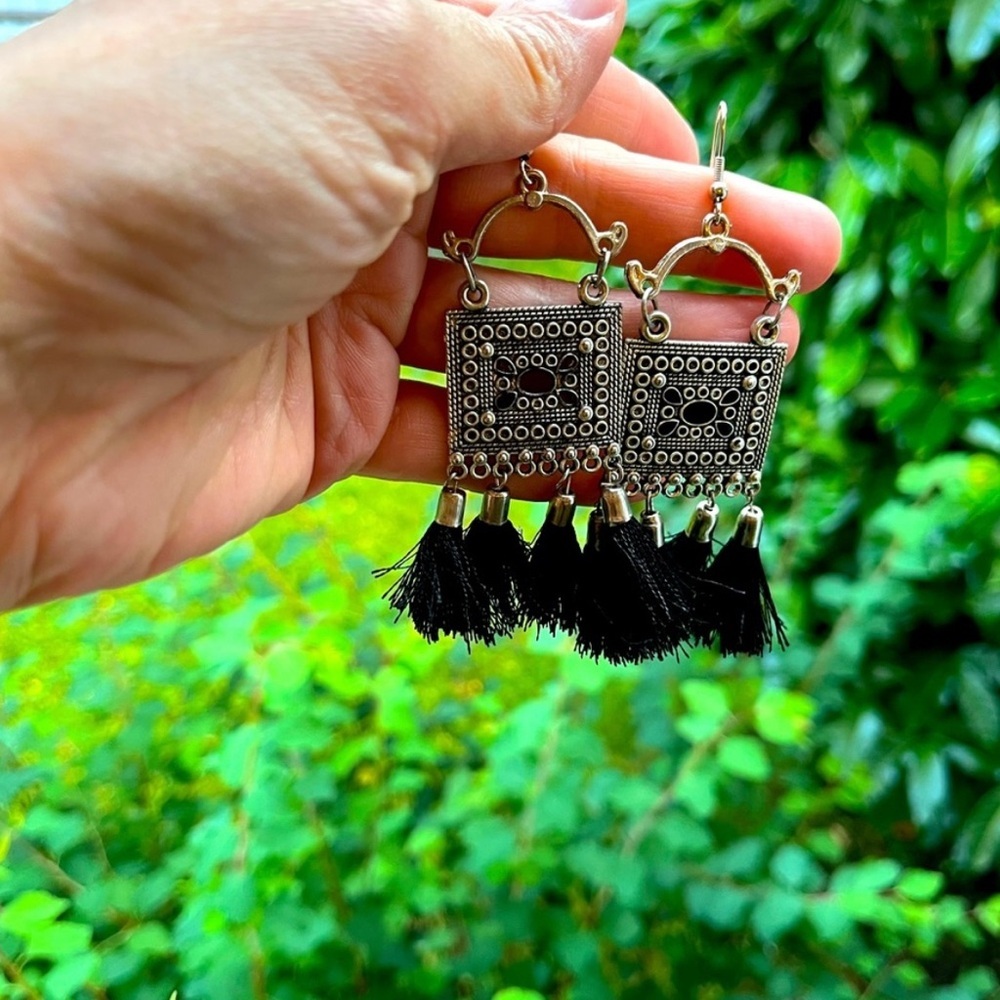 Boho Black Tassel Earrings with box and dust bag